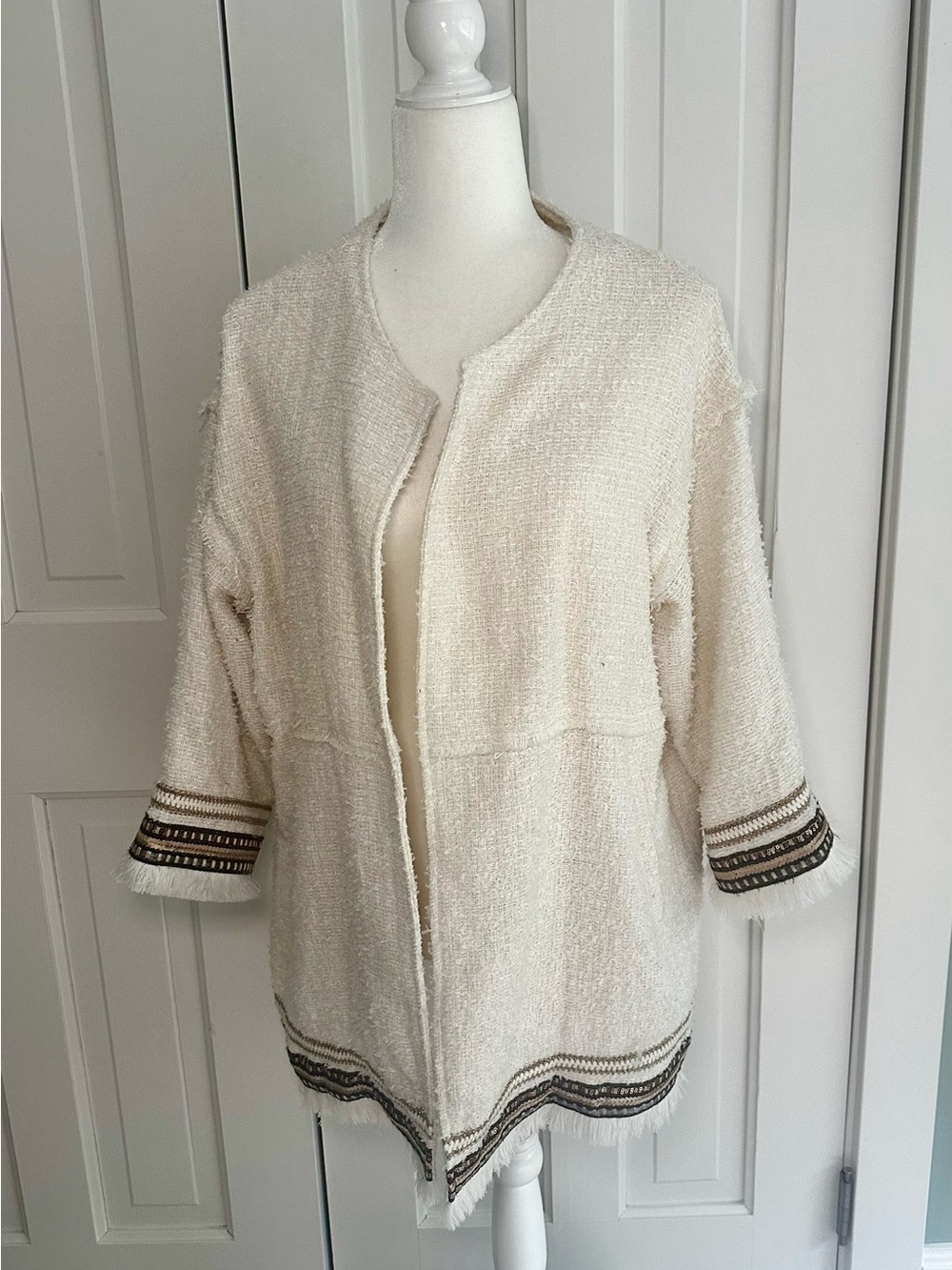 Together Cream Bouclé Open Front Jacket with Brown Trim